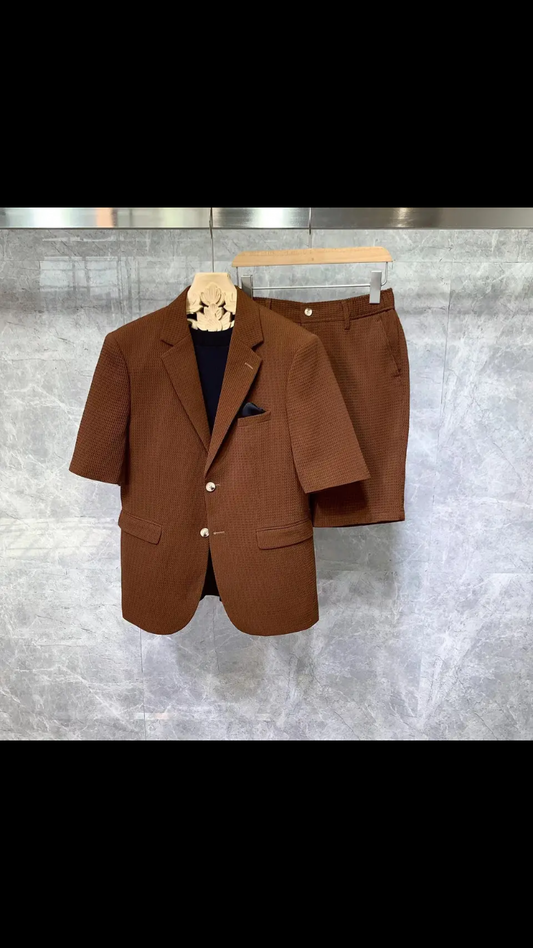 Costume de été hommes, vestes et shorts pour hommes, tissu pied-de-poule solide simple, coupe couvertes confortable, ensembles 2 pièces