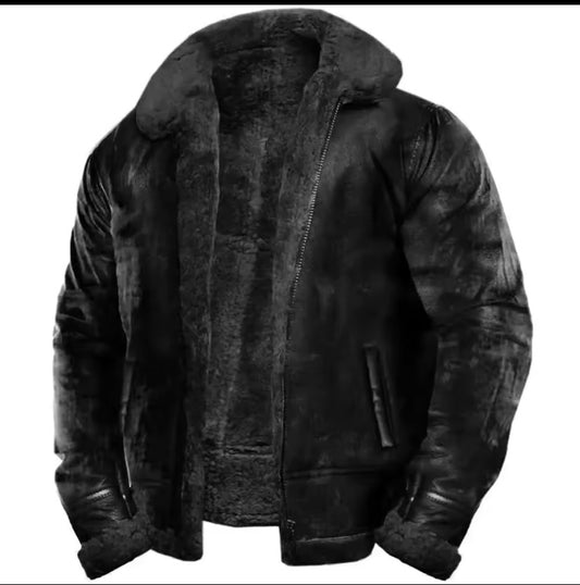 Veste en cuir noir fourrure gris et gris foncé